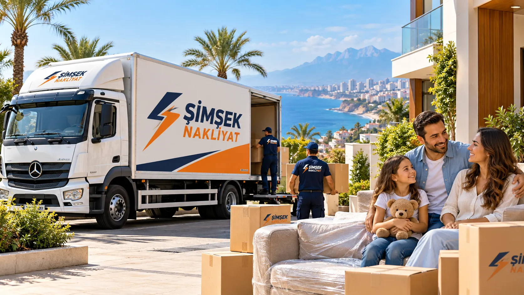 Şimşek Nakliyat aracı, taşınan eşyalar ve yeni evlerinde bir aile